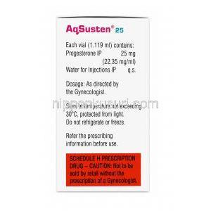 アクスステン注射, プロゲステロン 25mg, バイアル 1.119mL,製造元：Sun Pharma, 箱情報, 注意事項