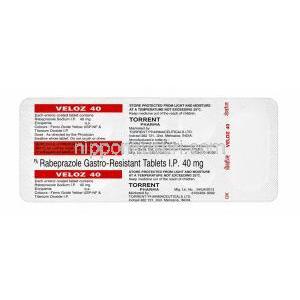 ベロズ 40,ラベプラゾール 40mg,製造元：Torrent Pharma, シート情報
