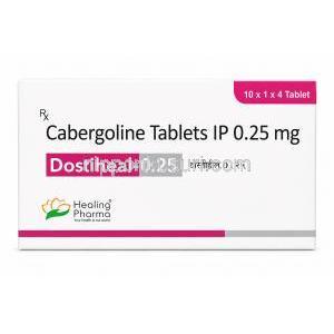 ドスティヒール 0.25, カベルゴリン 0.25 mg,製造元： Healing Pharma, 箱表面