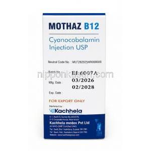 モタズB12注射, シアノコバラミン 1000 mcg/ mL バイアル 10 mL,製造元：Kachhela Medex, 箱情報