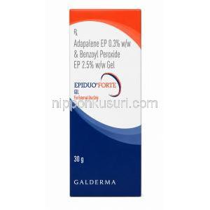 エピデュオフォルテ ジェル アダパレン 0.3%/ 過酸化ベンゾイル 2.5%, ジェル 30g,製造元:Galderma, 箱表面