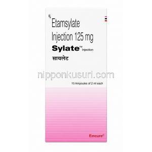 シレート注射, エタンシラート 125 mg, アンプル 2mL, 製造元：Emcure Pharmaceuticals Ltd, 箱表面