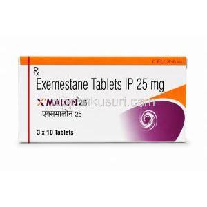 エックスマロン 25, エキセメスタン 25 mg, 製造元：Celon Laboratories Ltd, 箱表面