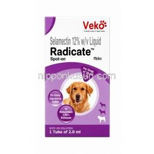 ラディケートスポットオン, セラメクチン 12% w/v, チューブ 2 mL (犬用), 製造元：Veko Care Pvt. Ltd, 箱表面