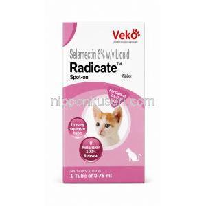 ラディケートスポットオン, セラメクチン 6% w/v, チューブ 0.75 mL (猫用), 製造元：Veko Care Pvt. Ltd, 箱表面