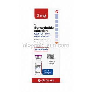 グリピック注射, セマグルチド 8 mg/ 3 mL (2.68mg/ mL), バイアル, 製造元：Glenmark Pharmaceuticals, 箱表面