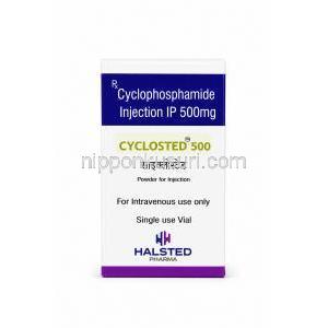 シクロステッド 500 注射, シクロホスファミド 500 mg, 製造元：Halsted Pharma, 箱表面