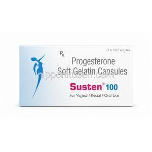 サステン 100, 微粉化天然プロゲステロン 100mg, ソフトゼラチンカプセル, 箱