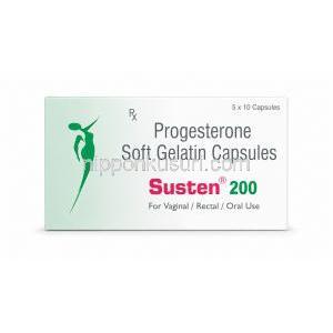 サステン 200, 微粉化天然プロゲステロン 200mg, ソフトゼラチンカプセル, 製品外箱