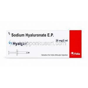ヒアルガン注射, ヒアルロン酸ナトリウム 10 mg/mL (20 mg/2 mL), 製造元：Fidia, 箱表面