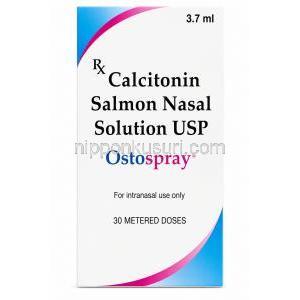 オストスプレー, カルシトニン 200IU, 点鼻用スプレー 3.7mL (30回分) 200 IU/回,製造元：Sun Pharmaceutical Industries Ltd, 箱表面
