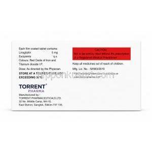 リナクサ, リナグリプチン 5 mg, 製造元：Torrent Pharmaceuticals, 箱情報, 注意事項, 保管方法
