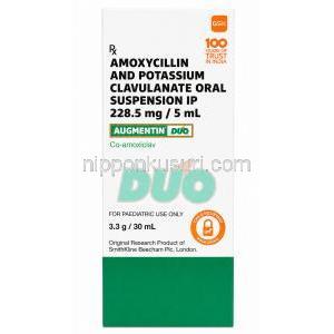 オーグメンチンデュオ経口懸濁液 小児用, アモキシシリン 200mg/クラブラン酸 28.5mg (5mLあたり), 経口懸濁液 30 mL, 製造元:GSK, 箱表面