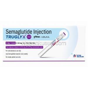 トルグリックス ペン型注射, セマグルチド 1.5mL あたり2mg(1mL あたり1.34 mg), ペン型注射,製造元： Hetero Healthcare Ltd, 箱表面