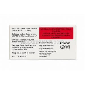 レトロナット, レトロゾール 錠剤 2.5 mg, 箱裏面（成分・用法・保存方法・製造情報）
