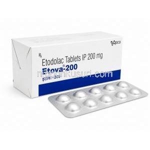 エトバ 200, エトドラク 錠剤 200 mg, 箱とPTPシート