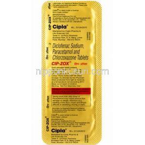 シプ-ゾックス, クロルゾキサゾン 500mg/ ジクロフェナク 50mg/ アセトアミノフェン 325mg, 6錠, 製造元：Cipla, シート情報