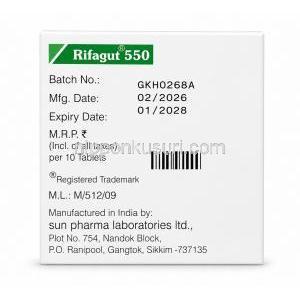 リファガット 550, リファキシミン 550 mg, 製造元：Sun Pharmaceutical Industries, 箱情報
