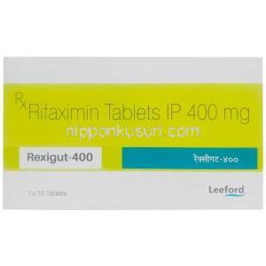 レキシガット, リファキシミン 400 mg, 製造元：Leeford healthcare, 箱表面