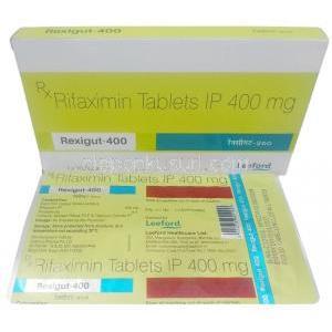 レキシガット, リファキシミン 400 mg, 製造元：Leeford healthcare, 箱, シート情報