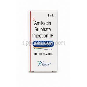 アミキン, アミカシン 500 mg, 注射液 2mL,製造元： Knoll Healthcare, 箱表面