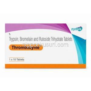 トロンボザイム, ブロメライン 90mg/ トリプシン 48mg/ ルトシド 100mg , 製造元:Zydus Cadila, 箱表面