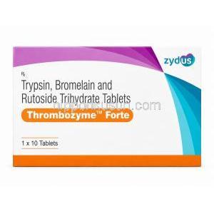 トロンボザイム フォルテ, ブロメライン 180mg/ トリプシン 96mg/ ルトシド 200mg, 製造元: Zydus Cadila, 箱表面