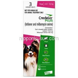 クレデリオプラス, 小型犬用  (2.8 kgs - 5.5 kgs)  3 錠（チュアブル錠）, 製造元：Elanco India, 箱表面
