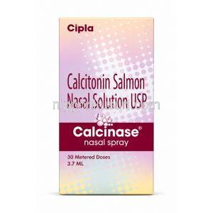 カルシナーゼ鼻スプレー, カルシトニン 200IU, 点鼻用スプレー 3.7mL (30回分) 200 IU/回, 製造元：Cipla, 箱表面