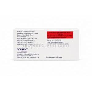 アンチデップ, イミプラミン塩酸塩 75mg, 製造元: Torrent Pharma, Box back view