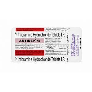 アンチデップ, イミプラミン塩酸塩 75mg, 製造元: Torrent Pharma, 錠剤ブリスターパック 裏面