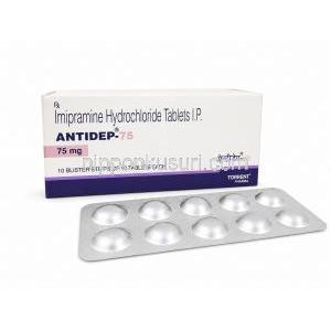 アンチデップ, イミプラミン塩酸塩 75mg, 製造元: Torrent Pharma, 箱と錠剤ブリスターパック
