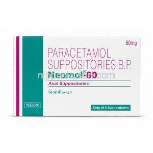 ネオモル-80 坐薬, アセトアミノフェン 80 mg, 製造元: Neon Laboratories, 箱正面