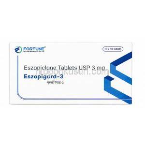 エスゾピガード-3, エスゾピクロン 3 mg, 製造元：Fortune Healthcare Pvt., Ltd, 箱表面