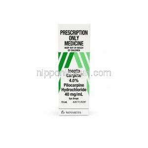 イソプトカルピン点眼薬, ピロカルピン 4%, 点眼薬15mL, 製造元：Novartis, 箱表面
