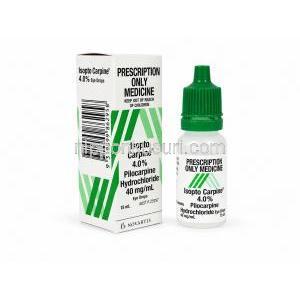 イソプトカルピン点眼薬, ピロカルピン 4%, 点眼薬15mL, 製造元：Novartis, 箱, ボトル