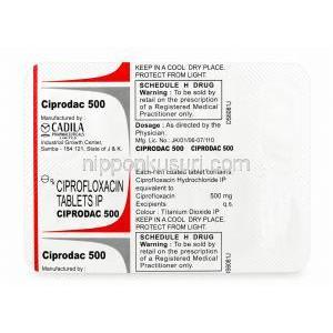 シプロダック 500, シプロフロキサシン 500 mg, 製造元：Cadila Pharmaceuticals,シート情報