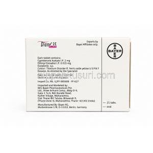 ダイアン 35, シプロテロン/ エチニルエストラジオール, 製造元: Bayer, 箱裏面