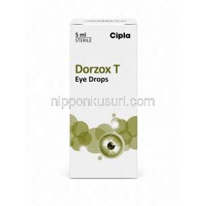 ドルゾックス T 点眼薬, ドルゾラミド 2% w/v/ チモロール 0.5% w/v, 点眼薬 5 mL, 製造元：Cipla, 箱裏面