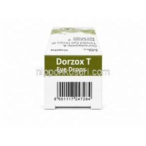ドルゾックス T 点眼薬, ドルゾラミド 2% w/v/ チモロール 0.5% w/v, 点眼薬 5 mL, 製造元：Cipla, 箱上面