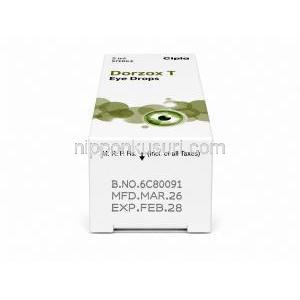 ドルゾックス T 点眼薬, ドルゾラミド 2% w/v/ チモロール 0.5% w/v, 点眼薬 5 mL, 製造元：Cipla, 箱情報, 製造日, 消費期限