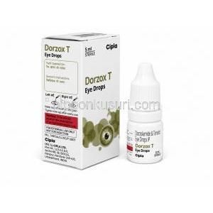 ドルゾックス T 点眼薬, ドルゾラミド 2% w/v/ チモロール 0.5% w/v, 点眼薬 5 mL, 製造元：Cipla, 箱, ボトル