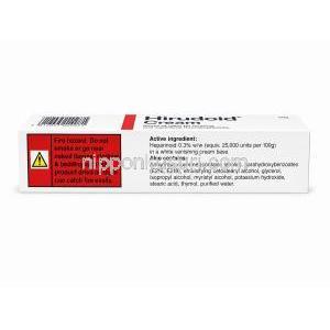 ヒルドイドクリーム, ムコ多糖類ポリ硫酸塩 3%, クリーム 50g, 製造元：Thornton&Ross, 箱情報, 成分