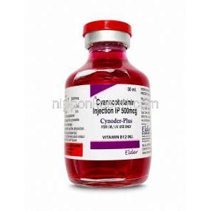 シノダープラス注射, シアノコバラミン 500mcg, バイアル 30 mL, 製造元：Elder Bio Drugs, 箱表面