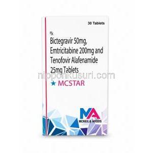 エムシースター, ビクテグラビル 50mg/ エムトリシタビン 200mg/ テノホビル  25mg, 30錠, 製造元： Mcneil & Argus Pharmaceuticals, 箱表面