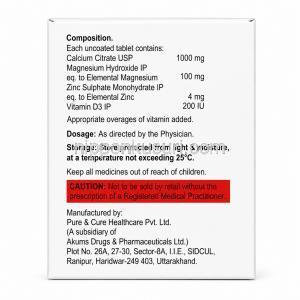 セトジョイントプラス, クエン酸カルシウム 1000mg/ ビタミンD3 200IU/ 水酸化マグネシウム 100mg/ 亜鉛 4mg, 15 錠, 製造元:Leeford healthcare, 箱情報, 成分