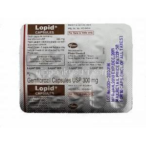 ロピッド Lopid, ゲムフィブロジル, カプセル (Parke Davis) 包装裏面