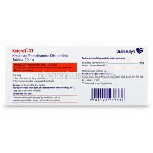 ケトロールDT, ケトロラクトロメタミン 10mg, 口腔内崩壊錠, 製造元：Dr.Reddy's Lab, 箱情報