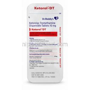 ケトロールDT, ケトロラクトロメタミン 10mg, 口腔内崩壊錠, 製造元：Dr.Reddy's Lab,シート情報