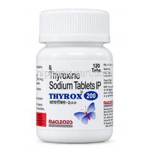 チロックス 200, チロキシンナトリウム 200mcg,120 錠,製造元:Macleods Pharma, ボトル表面